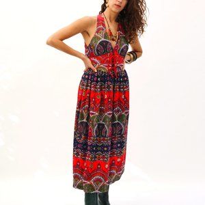 Sexy Vintage 1970's Red Paisley Halter Dress